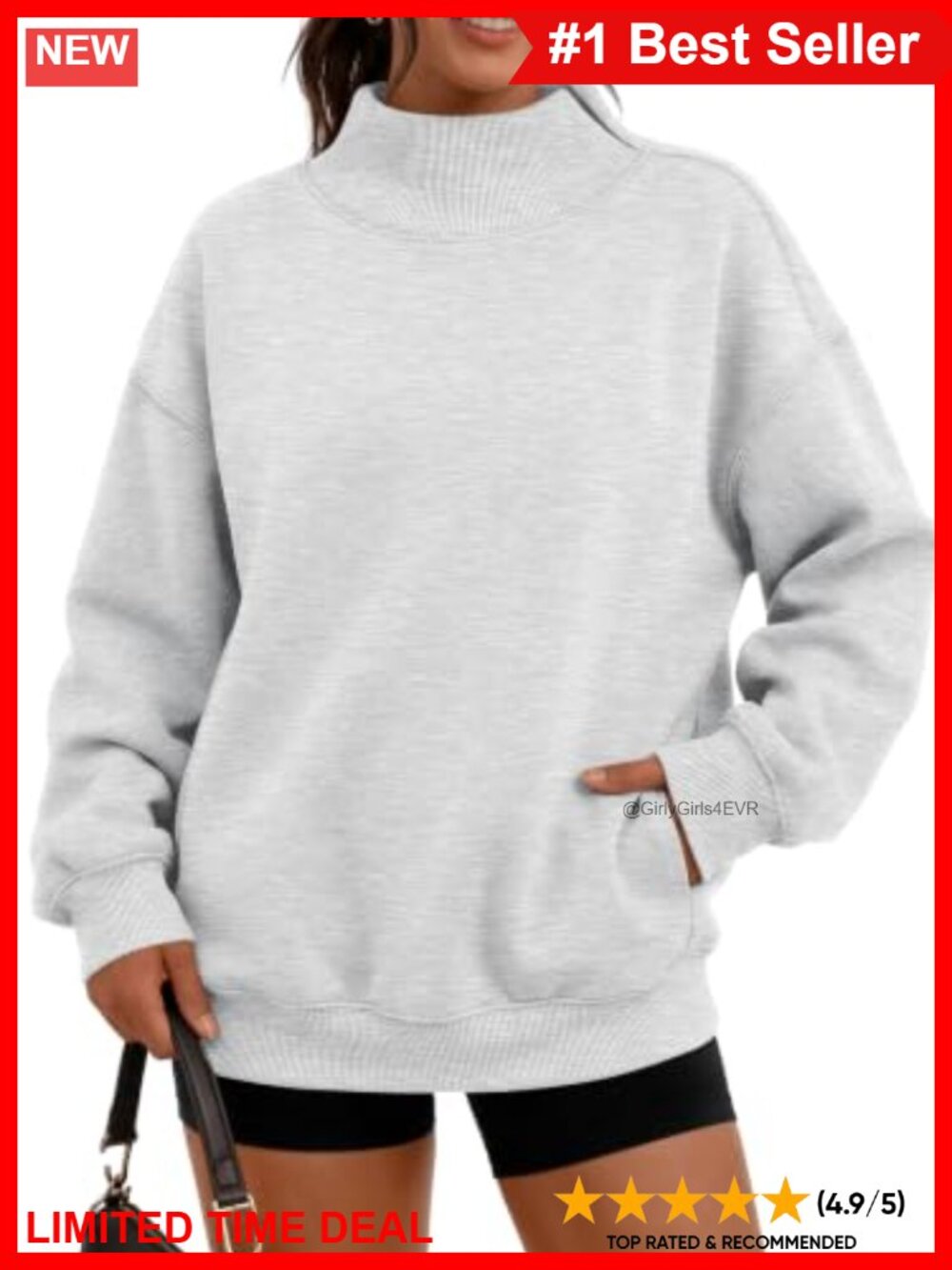 Womens Mock Neck Oversized Pullover Sweatshirt with Pockets Cotton Poly